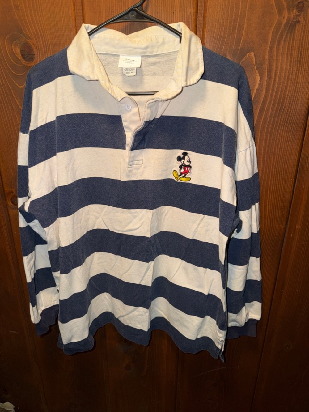 Disney Men's Navy and White Striped Rugby Polo with Mickey Mouse Patch